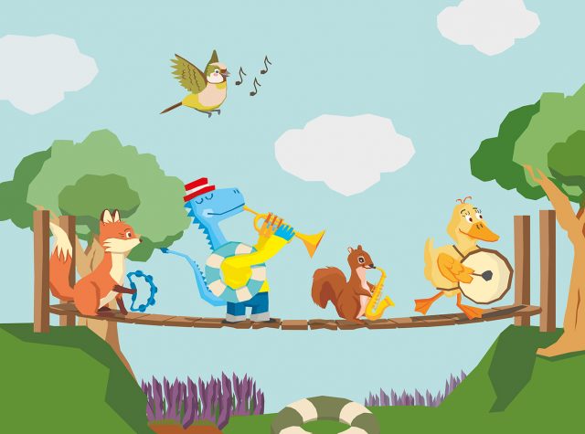 Trodini, Aggi und weitere Tiere machen Musik und überqueren eine Brücke